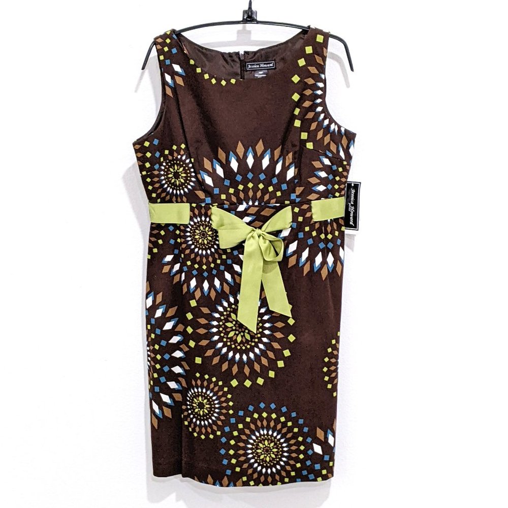 Jessica Howard Brown Green Geometric Design Sheath Dress 10P